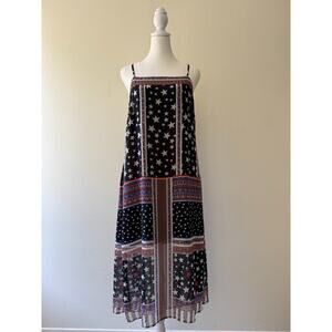 Avec Les Filles Midi Dress Small Star Print Sundress Spaghetti Strap Boho A-Line